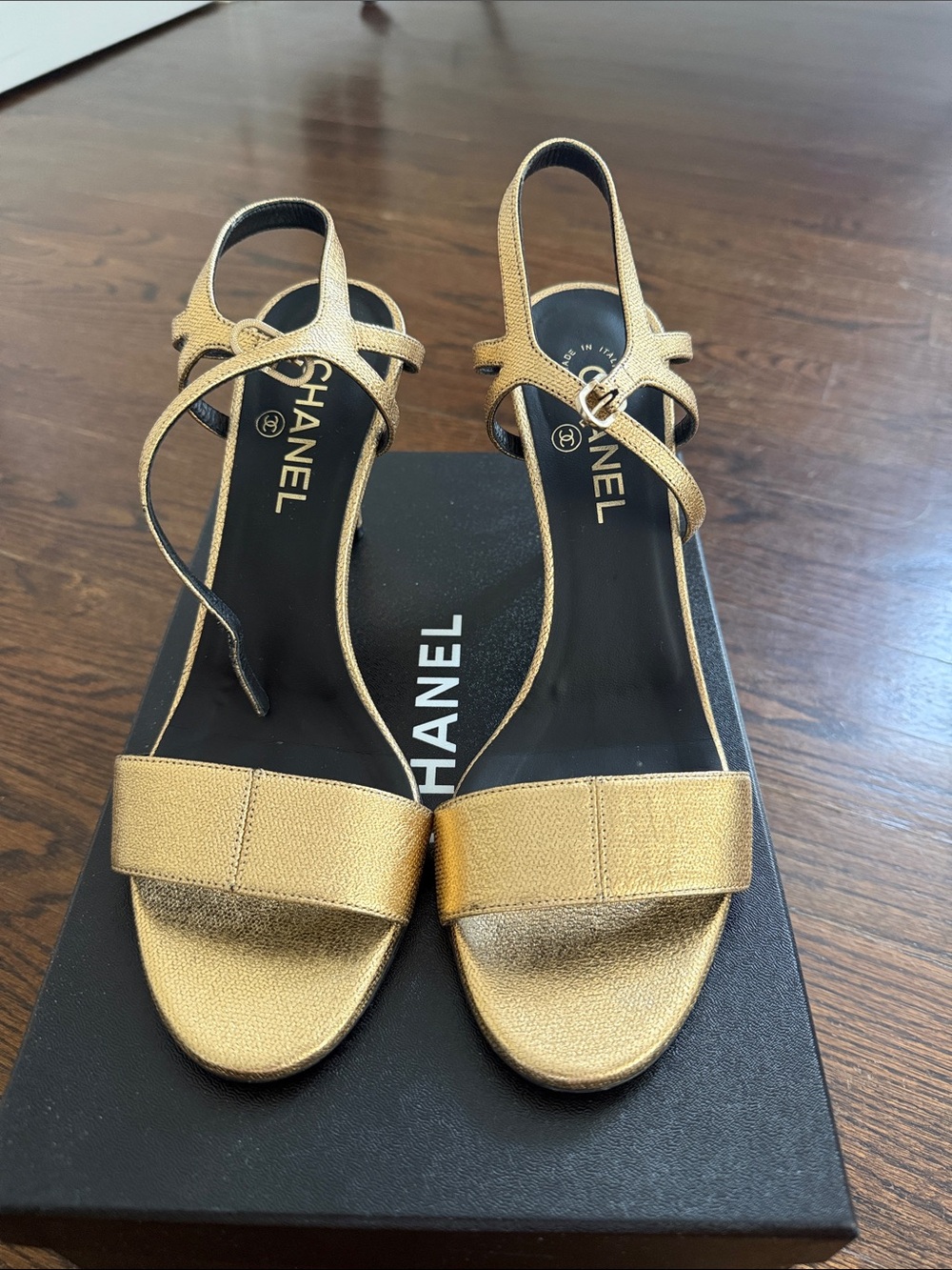 CHANEL Gold Metallic Leather Ankle-Strap Sandals size 41